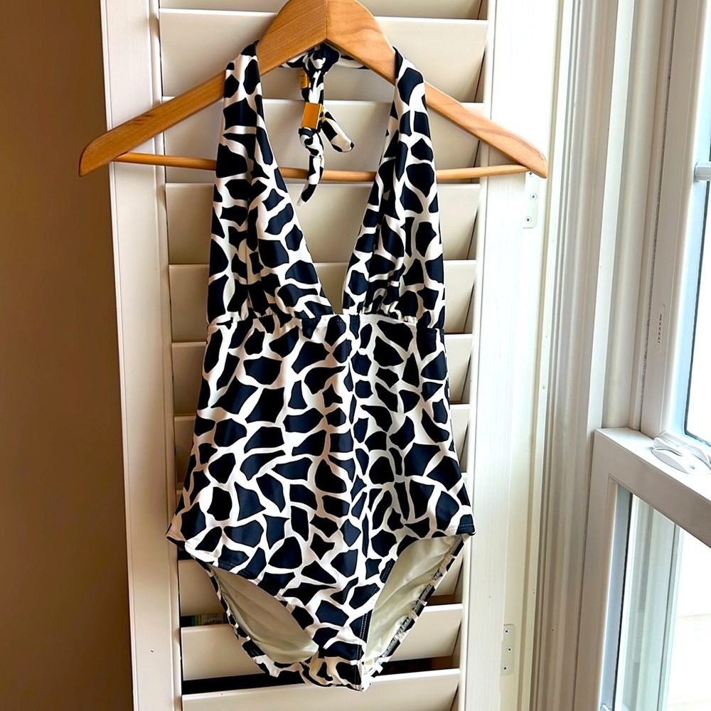 NWOT Nordstrom Hermanny Animal Giraffe Black and White Print Halter Swimsuit 6